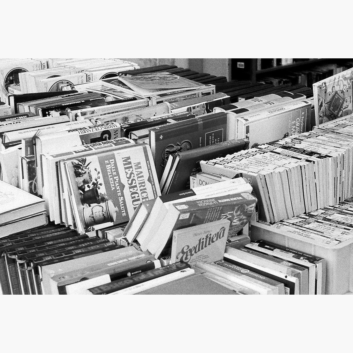 stacked books - Ilford HP5 Plus 400 ISO 35mm black and white film example image