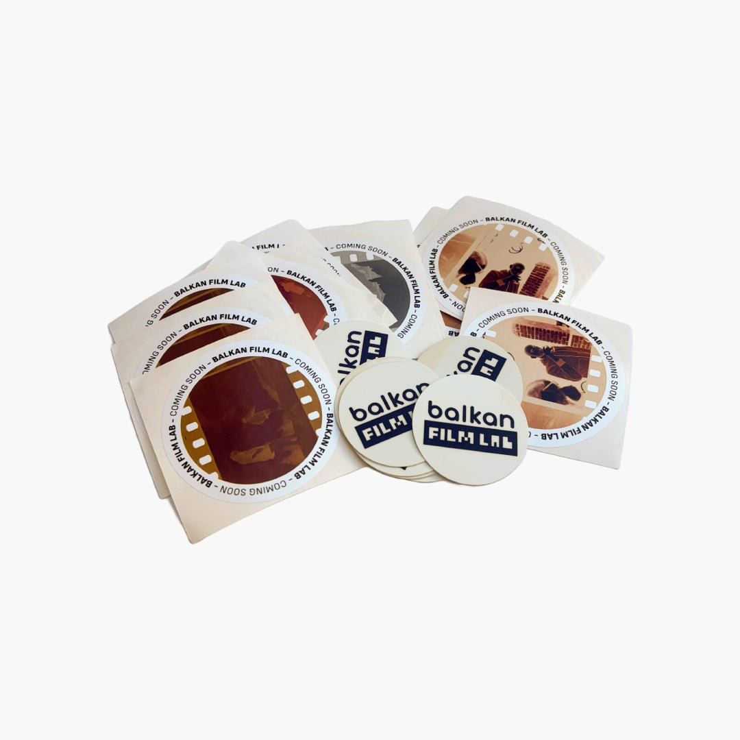 small pile of stickers branded with balkan film lab